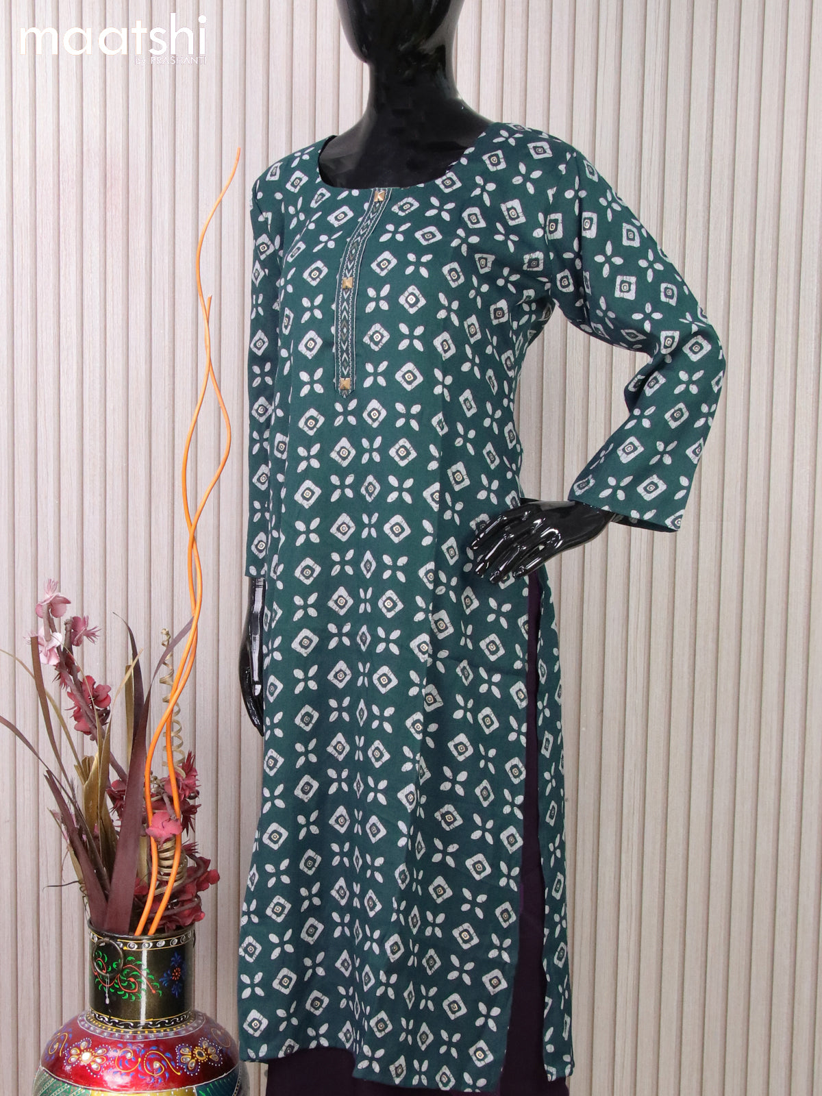 Rayon readymade kurti set peacock blue with batik butta prints and straight cut pant