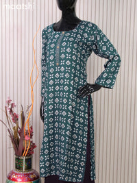 Rayon readymade kurti set peacock blue with batik butta prints and straight cut pant