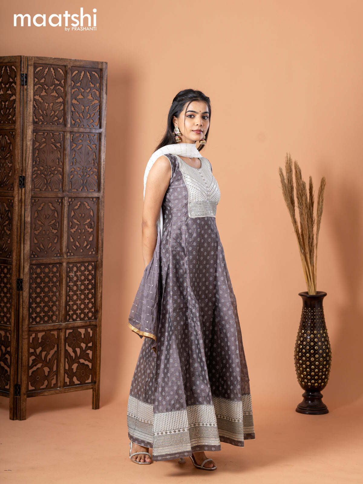 Chanderi anarkali salwar suit grey and off white with allover butta prints & sequin work neck pattern and straight cut pant & chiffon dupatta - sleeves attached