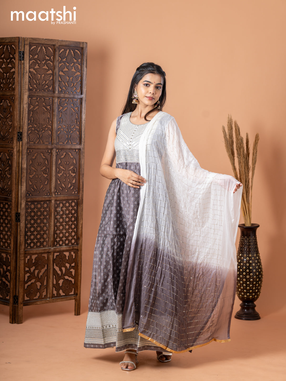 Chanderi anarkali salwar suit grey and off white with allover butta prints & sequin work neck pattern and straight cut pant & chiffon dupatta - sleeves attached