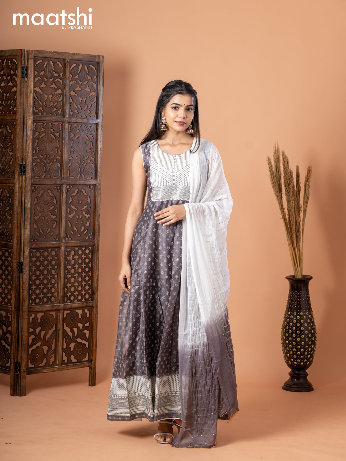 Chanderi anarkali salwar suit grey and off white with allover butta prints & sequin work neck pattern and straight cut pant & chiffon dupatta - sleeves attached