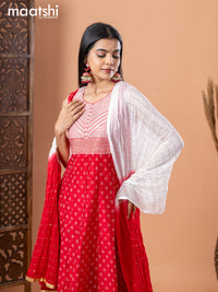 Chanderi anarkali salwar suit red and off white with allover butta prints & sequin work neck pattern and straight cut pant & chiffon dupatta - sleeves attached