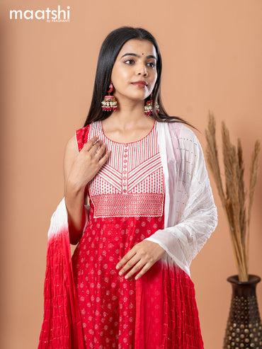 Chanderi anarkali salwar suit red and off white with allover butta prints & sequin work neck pattern and straight cut pant & chiffon dupatta - sleeves attached