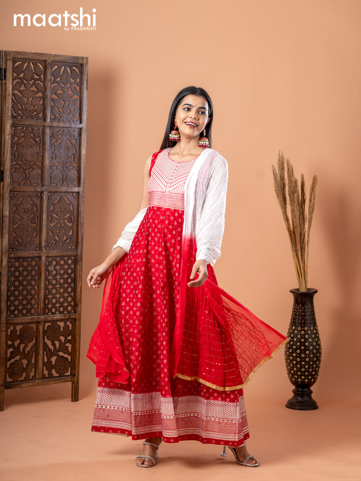 Chanderi anarkali salwar suit red and off white with allover butta prints & sequin work neck pattern and straight cut pant & chiffon dupatta - sleeves attached