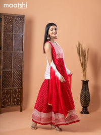 Chanderi anarkali salwar suit red and off white with allover butta prints & sequin work neck pattern and straight cut pant & chiffon dupatta - sleeves attached