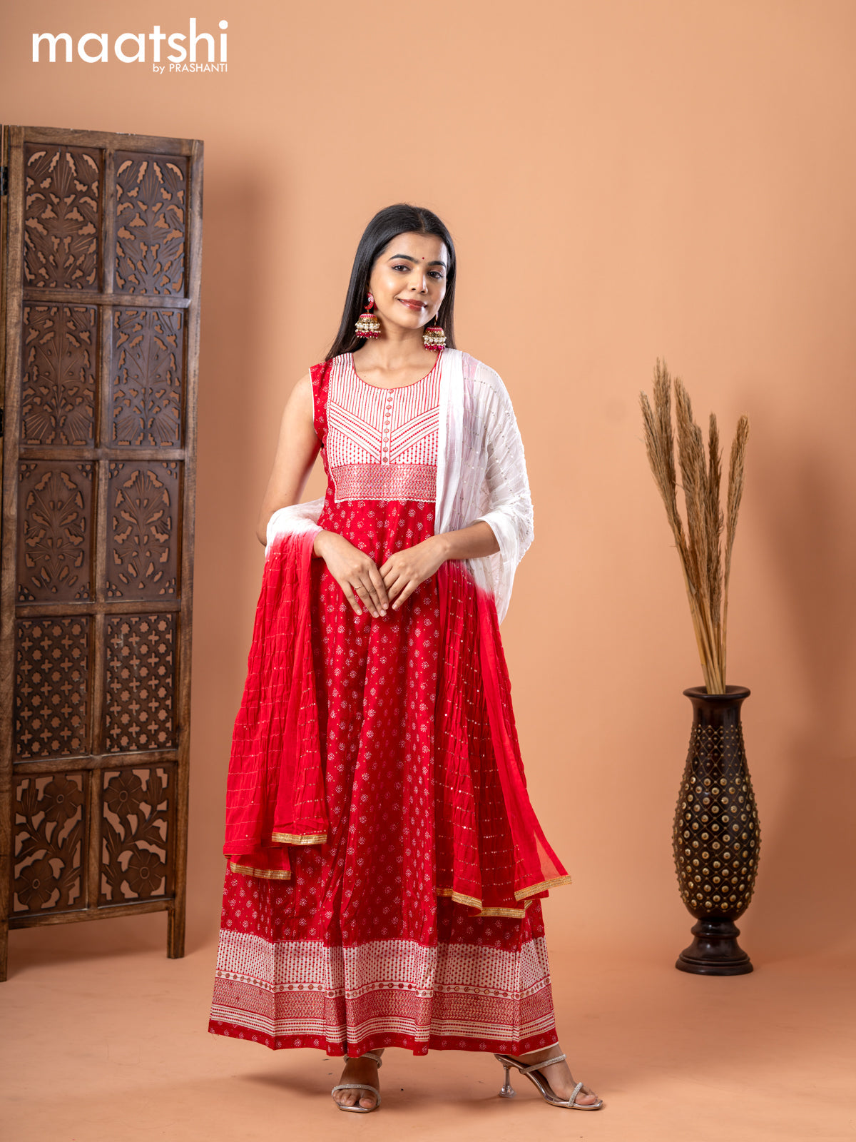 Chanderi anarkali salwar suit red and off white with allover butta prints & sequin work neck pattern and straight cut pant & chiffon dupatta - sleeves attached