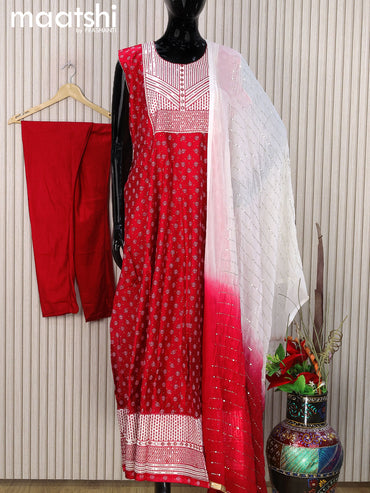 Chanderi readymade anarkali salwar suit red and off white with allover butta prints & sequin work neck pattern and straight cut pant & chiffon dupatta - sleeves attached