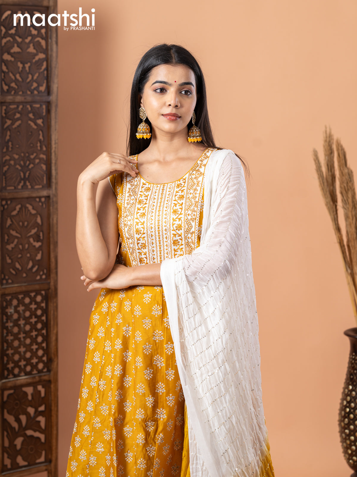 Chanderi anarkali salwar suit mustard yellow with butta prints & sequin work embroidery neck pattern and straight cut pant & chiffon dupatta - sleeves attached