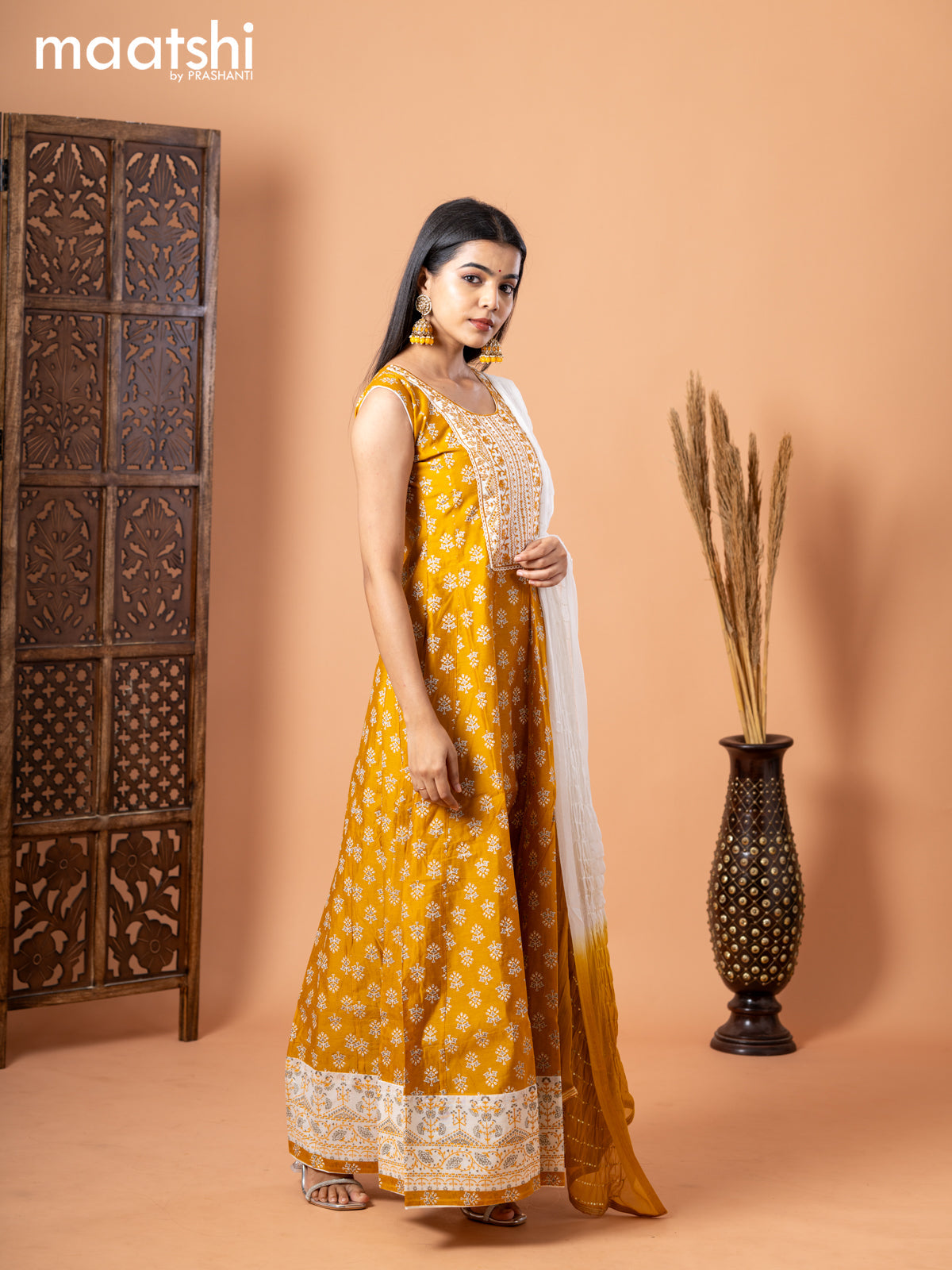 Chanderi anarkali salwar suit mustard yellow with butta prints & sequin work embroidery neck pattern and straight cut pant & chiffon dupatta - sleeves attached