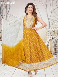 Chanderi readymade anarkali salwar suits mustard yellow with butta prints & sequin work embroidery neck pattern and straight cut pant & chiffon dupatta - sleeves attached