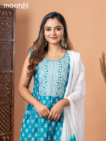 Chanderi anarkali salwar suit teal blue with butta prints & sequin work embroidery neck pattern and straight cut pant & chiffon dupatta - sleeves attached