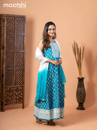 Chanderi anarkali salwar suit teal blue with butta prints & sequin work embroidery neck pattern and straight cut pant & chiffon dupatta - sleeves attached