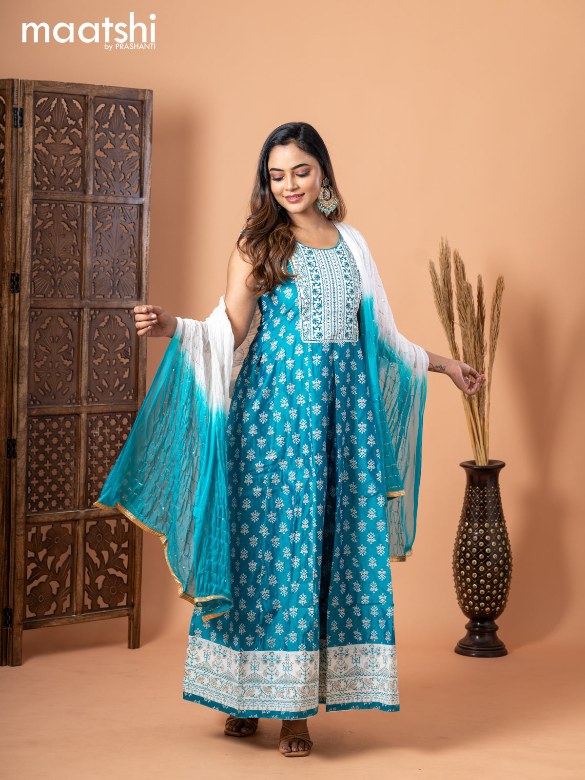 Chanderi anarkali salwar suit teal blue with butta prints & sequin work embroidery neck pattern and straight cut pant & chiffon dupatta - sleeves attached