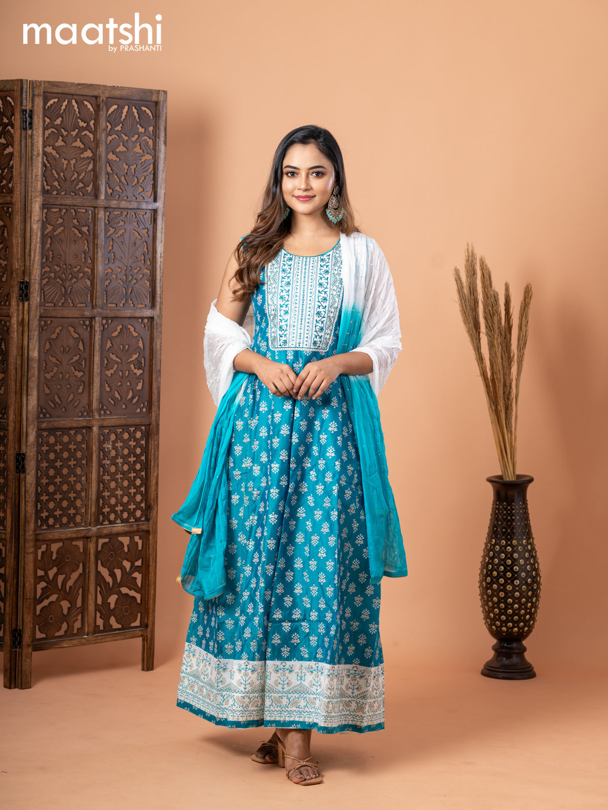 Chanderi anarkali salwar suit teal blue with butta prints & sequin work embroidery neck pattern and straight cut pant & chiffon dupatta - sleeves attached