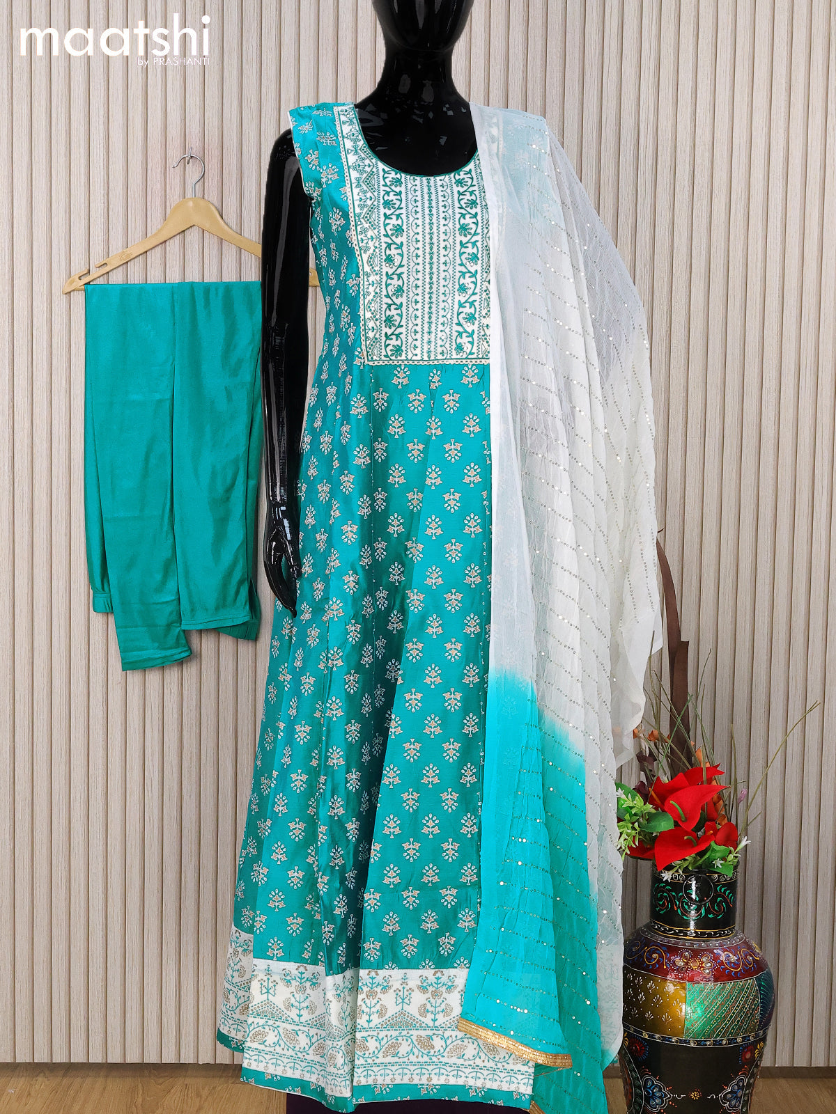 Chanderi readymade anarkali salwar suits teal blue with butta prints & sequin work embroidery neck pattern and straight cut pant & chiffon dupatta - sleeves attached