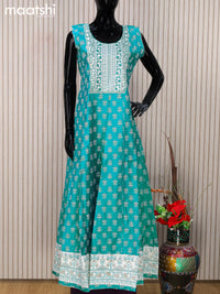 Chanderi readymade anarkali salwar suits teal blue with butta prints & sequin work embroidery neck pattern and straight cut pant & chiffon dupatta - sleeves attached