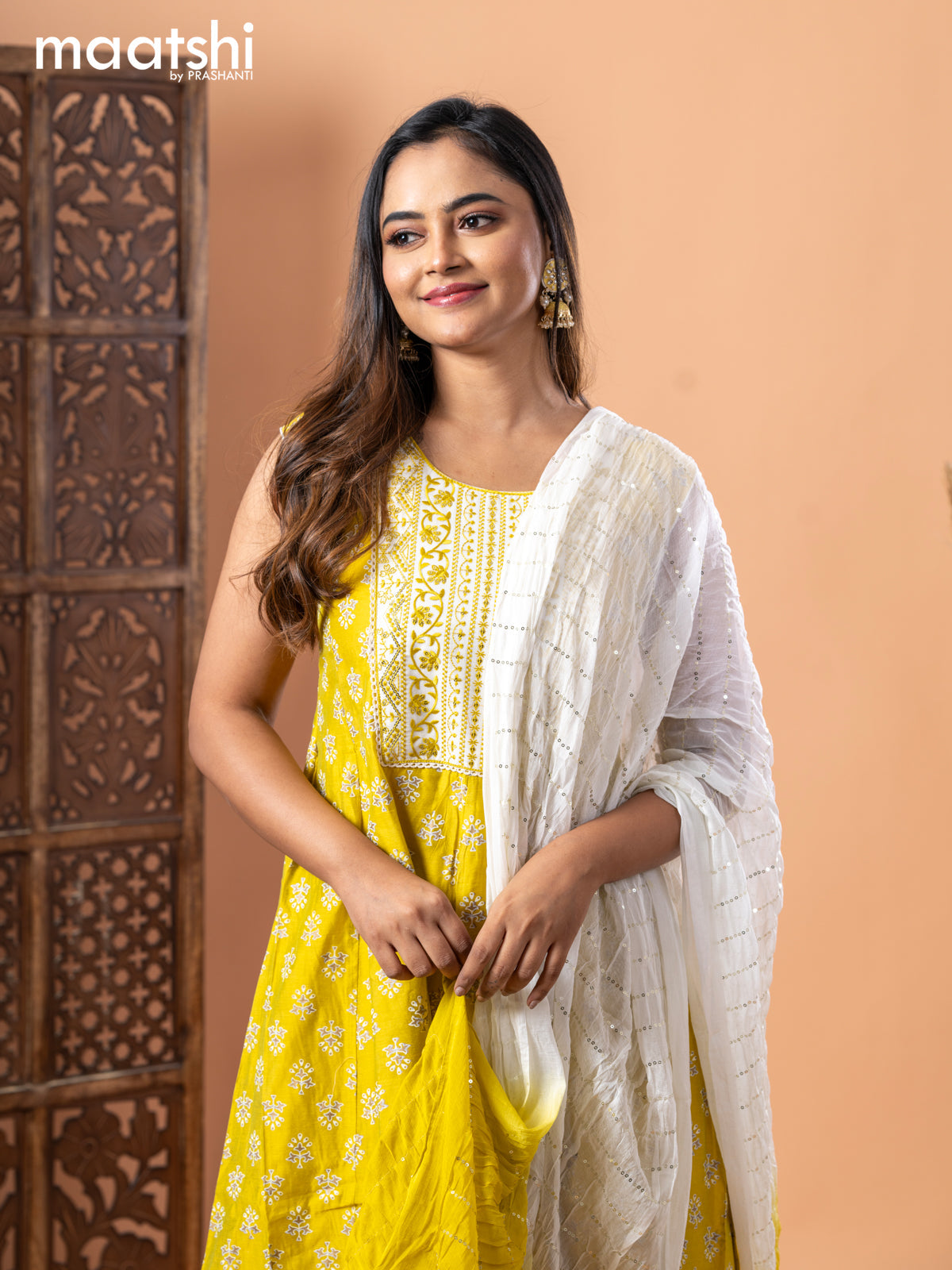 Chanderi anarkali salwar suit lime yellow with butta prints & sequin work embroidery neck pattern and straight cut pant & chiffon dupatta - sleeves attached