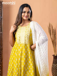 Chanderi anarkali salwar suit lime yellow with butta prints & sequin work embroidery neck pattern and straight cut pant & chiffon dupatta - sleeves attached