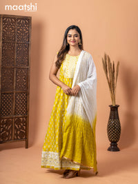 Chanderi anarkali salwar suit lime yellow with butta prints & sequin work embroidery neck pattern and straight cut pant & chiffon dupatta - sleeves attached