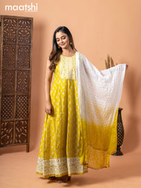 Chanderi anarkali salwar suit lime yellow with butta prints & sequin work embroidery neck pattern and straight cut pant & chiffon dupatta - sleeves attached