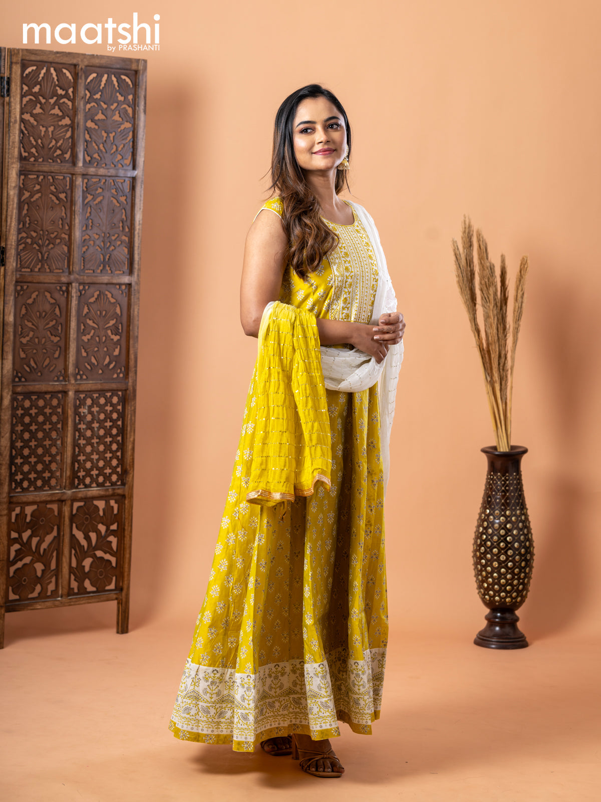 Chanderi anarkali salwar suit lime yellow with butta prints & sequin work embroidery neck pattern and straight cut pant & chiffon dupatta - sleeves attached