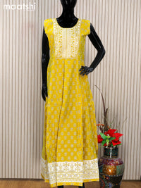 Chanderi readymade anarkali salwar suits lime yellow with butta prints & sequin work embroidery neck pattern and straight cut pant & chiffon dupatta - sleeves attached