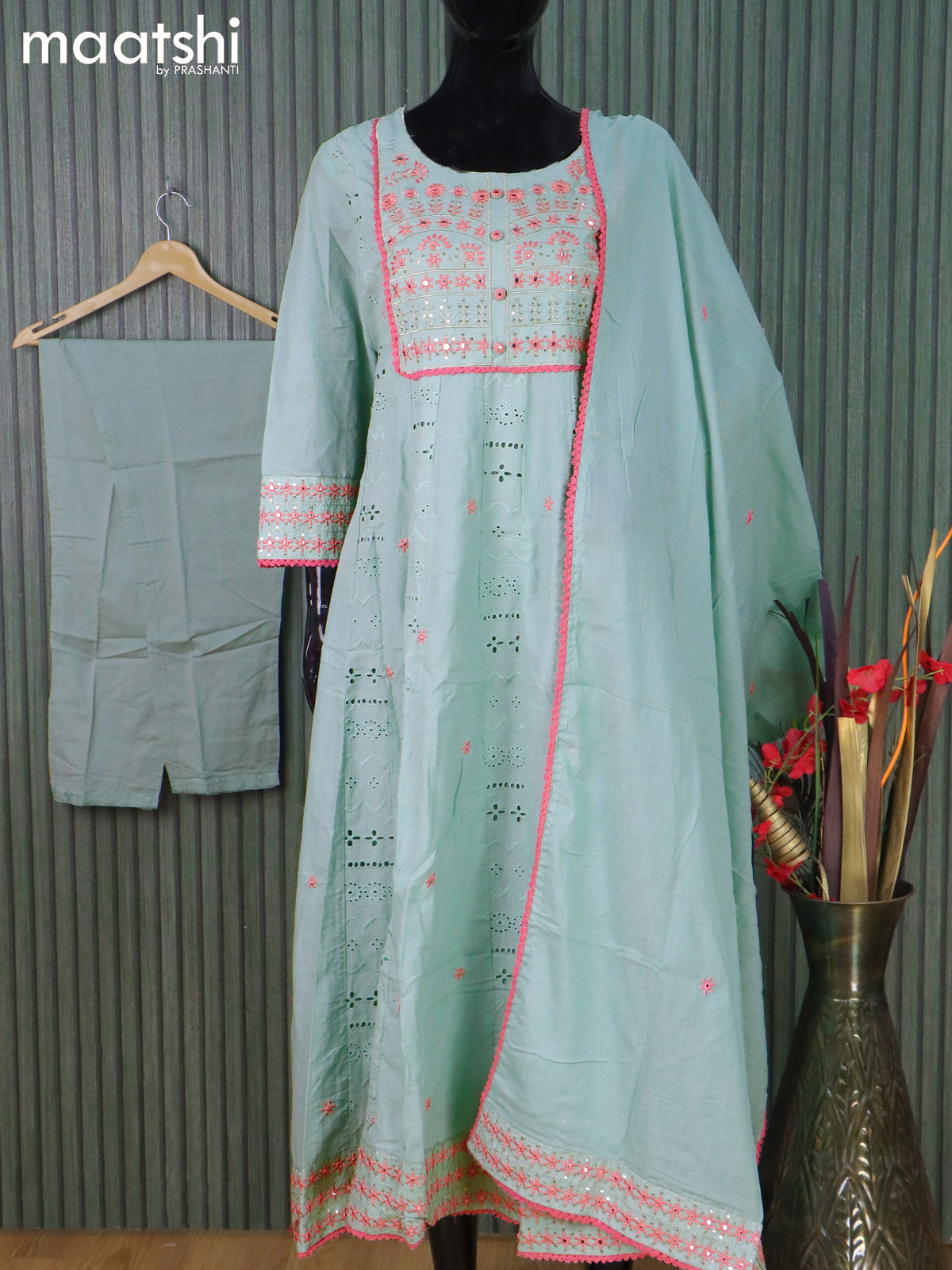 Cotton readymade umbrella salwar suits pastel blue shade with allover hakoba work & embroidery mirror work neck pattern and straight cut pant & cotton dupatta