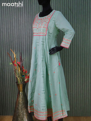 Cotton readymade umbrella salwar suits pastel blue shade with allover hakoba work & embroidery mirror work neck pattern and straight cut pant & cotton dupatta