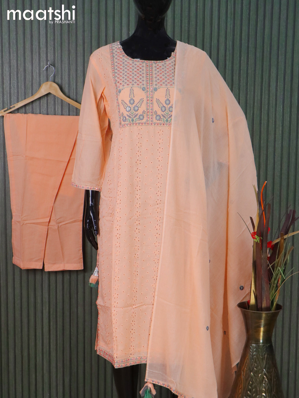 Cotton readymade salwar suits peach orange with allover hakoba work & embroidery mirror work neck pattern and straight cut pant & cotton dupatta