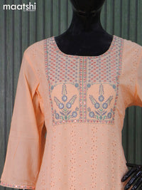 Cotton readymade salwar suits peach orange with allover hakoba work & embroidery mirror work neck pattern and straight cut pant & cotton dupatta