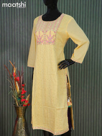 Cotton readymade salwar suits yellow with allover hakoba work & embroidery mirror work neck pattern and straight cut pant & cotton dupatta