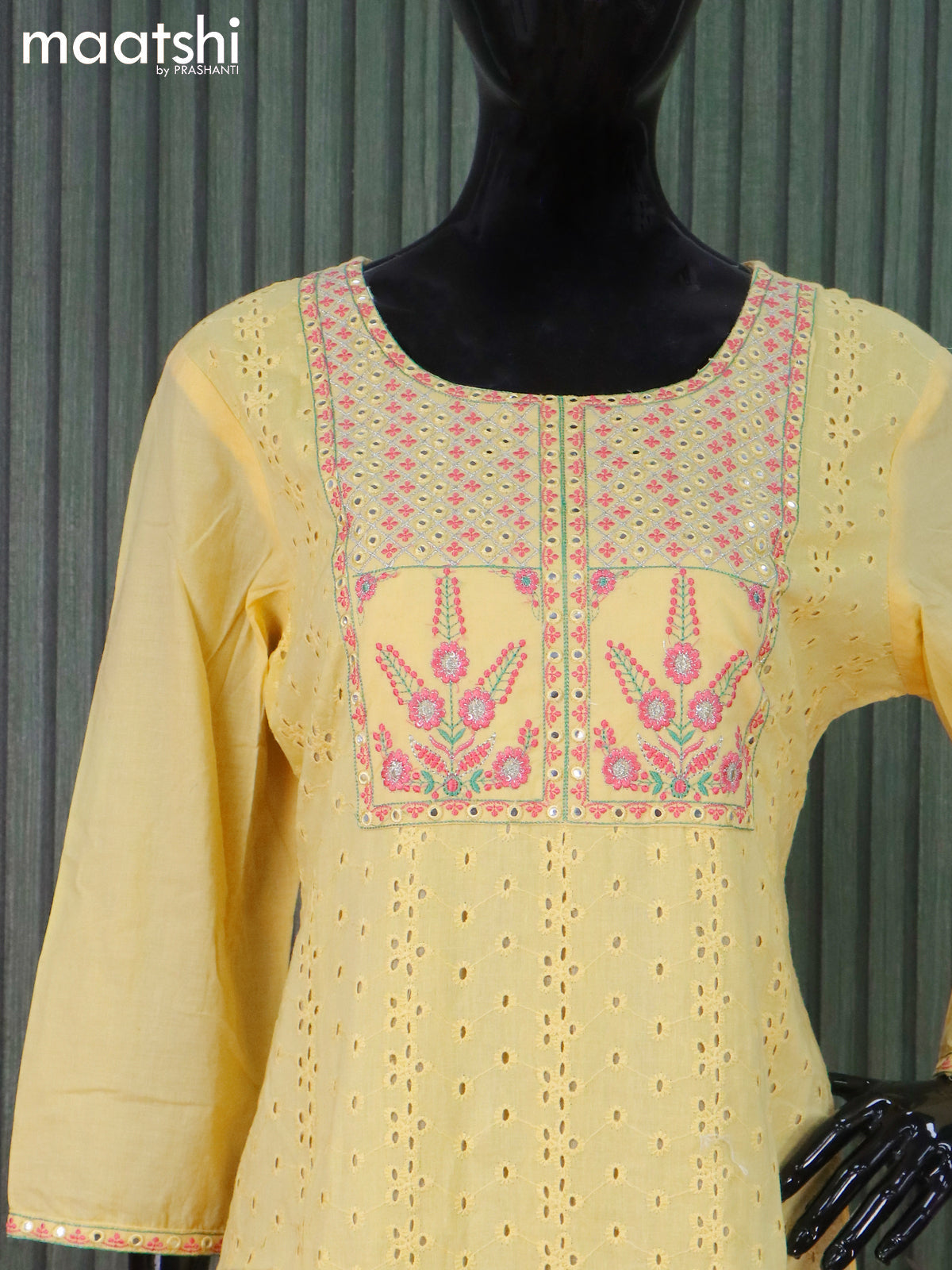Cotton readymade salwar suits yellow with allover hakoba work & embroidery mirror work neck pattern and straight cut pant & cotton dupatta