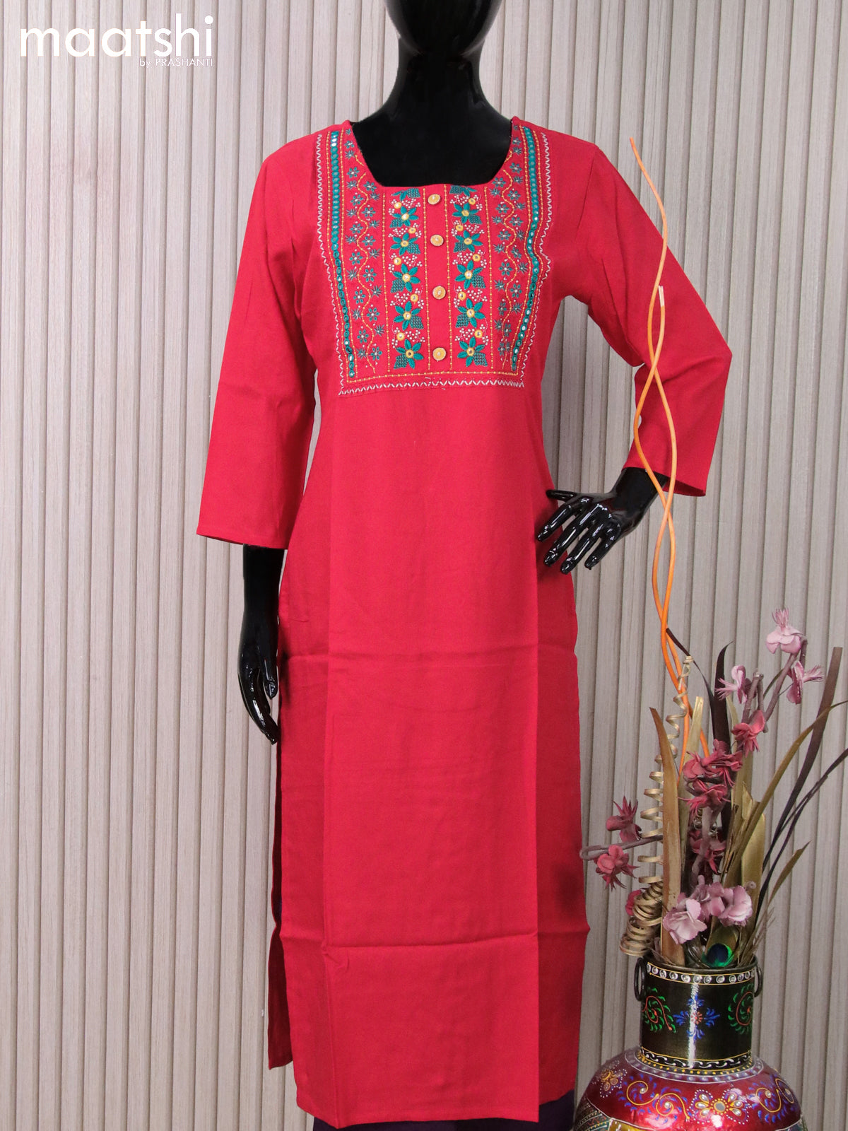 Rayon readymade kurti red with embroidery mirror work neck pattern without pant