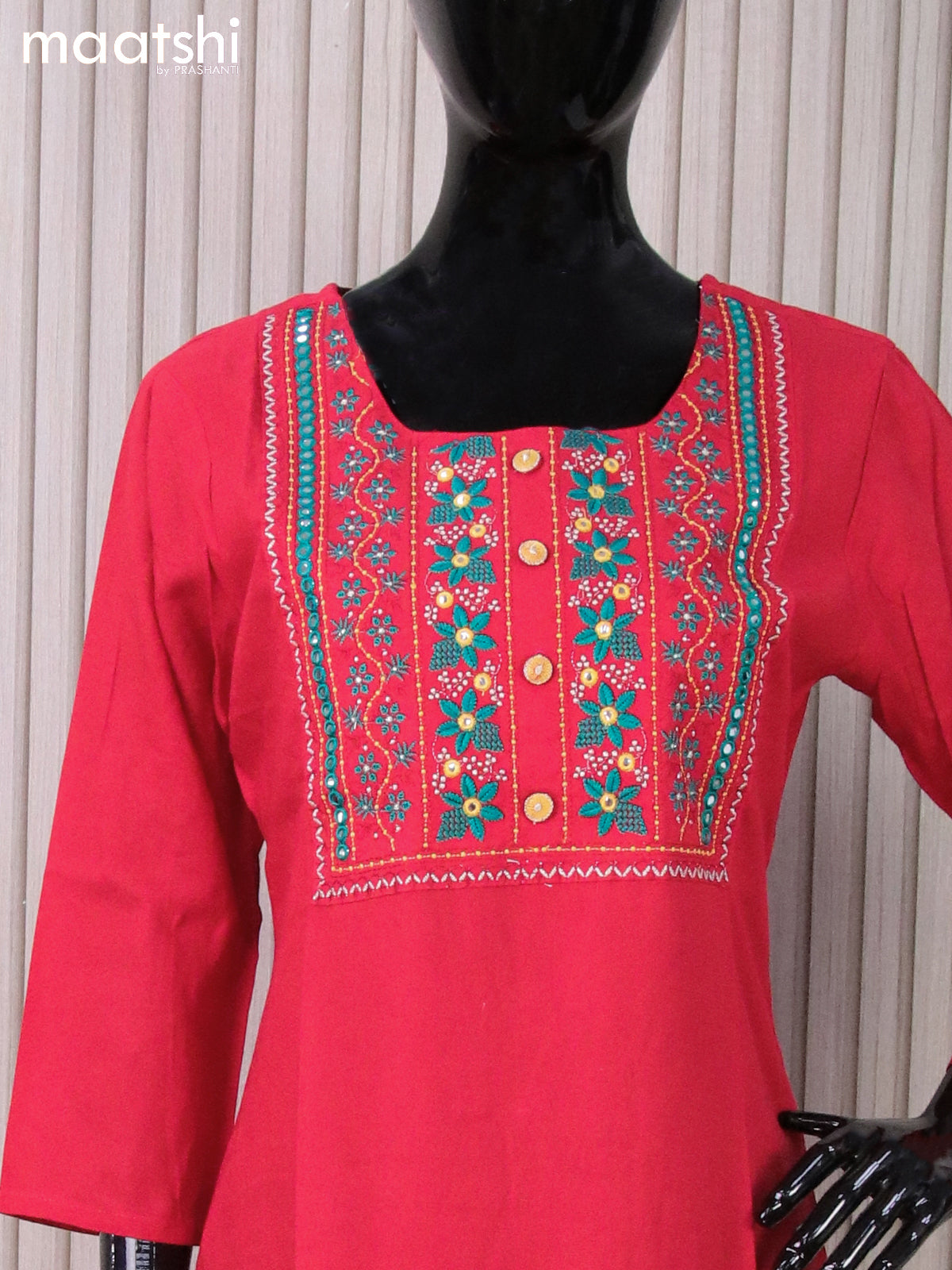 Rayon readymade kurti red with embroidery mirror work neck pattern without pant