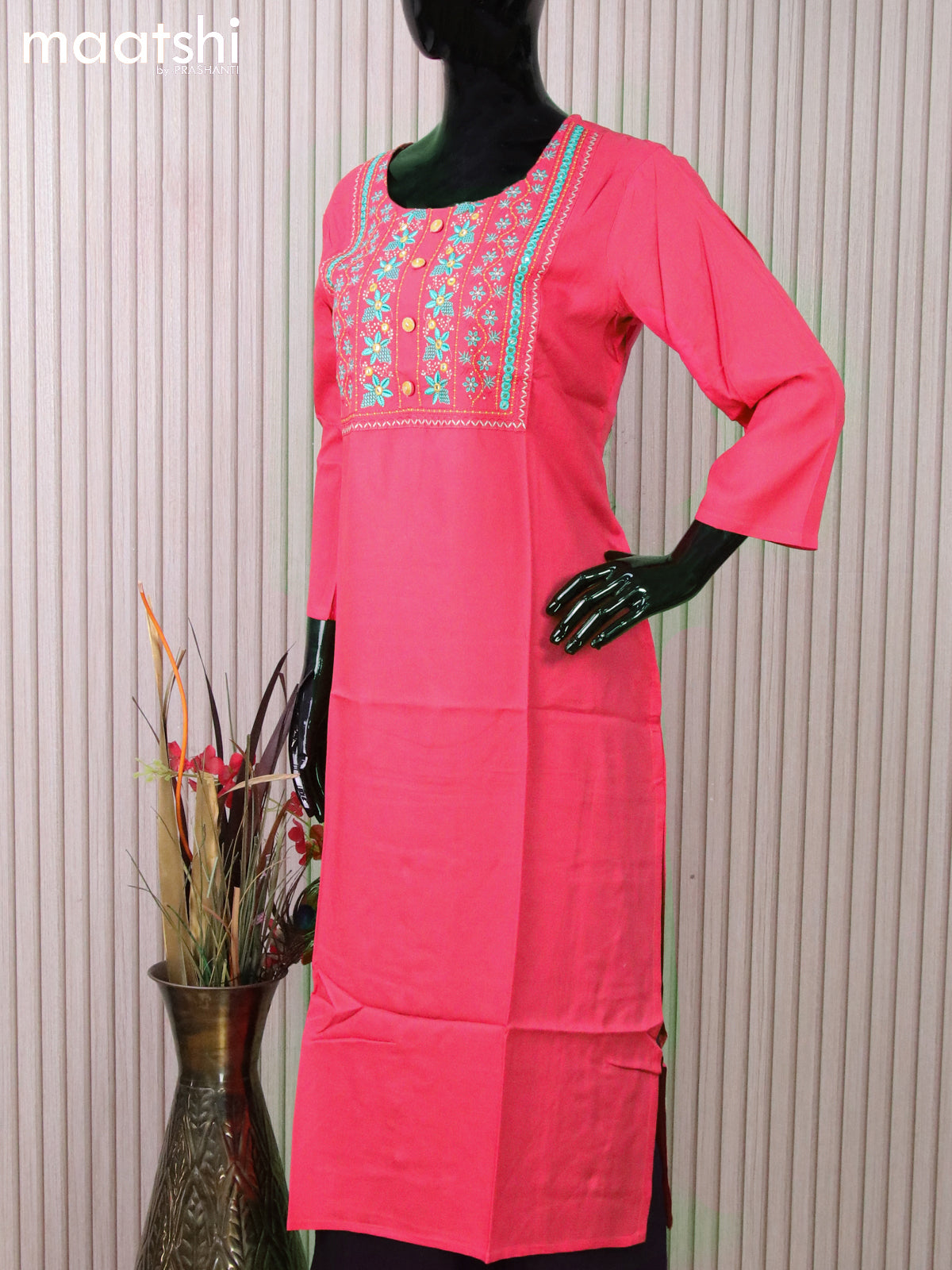 Rayon readymade kurti pink with embroidery mirror work neck pattern without pant