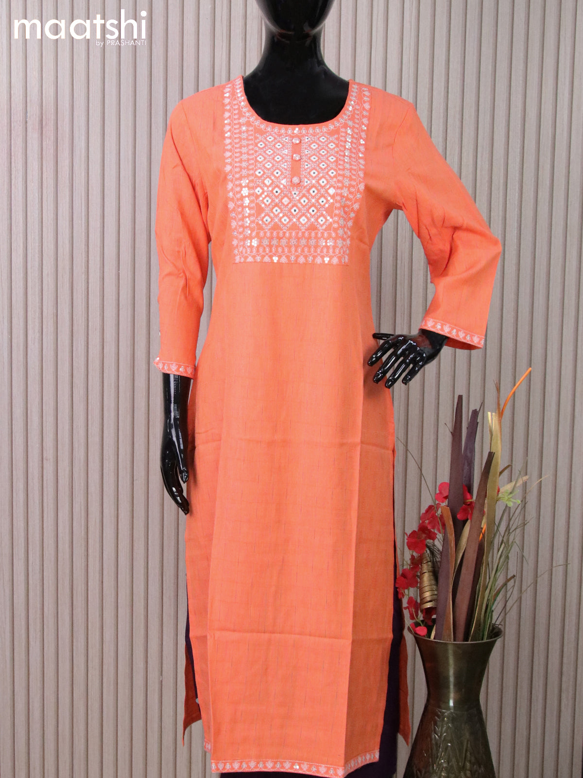 Rayon readymade kurti orange with embroidery sequin work neck pattern without pant