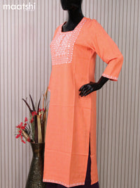 Rayon readymade kurti orange with embroidery sequin work neck pattern without pant