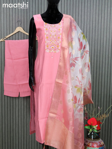 Raw silk salwar suit pink with embroidery mirror work neck pattern and straight cut pant & organza dupatta - sleeves attached