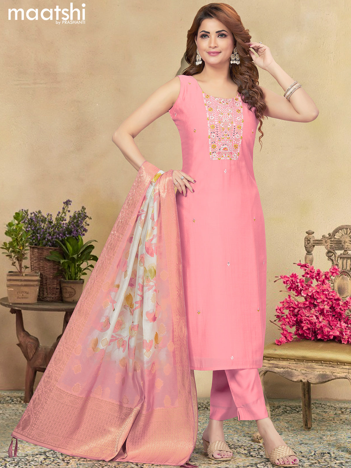 Raw silk salwar suit pink with embroidery mirror work neck pattern and straight cut pant & organza dupatta - sleeves attached