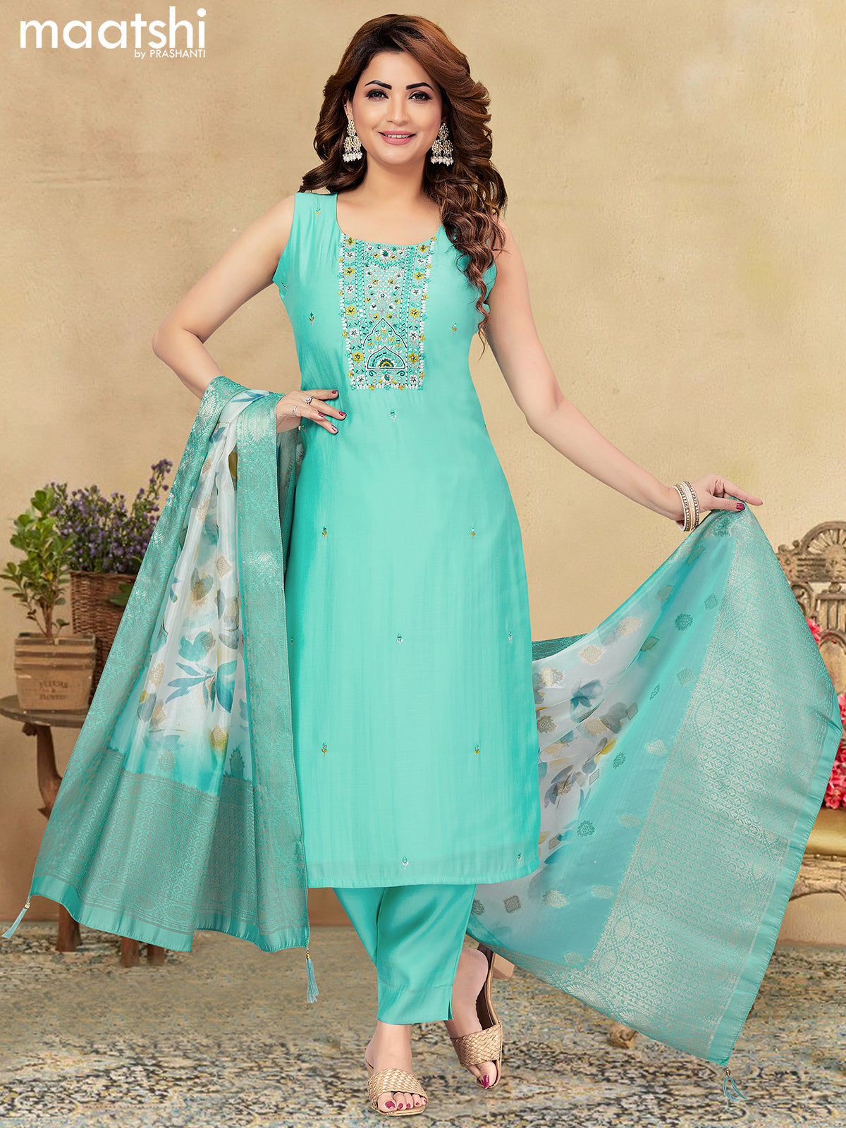 Raw silk salwar suit light blue with embroidery mirror work neck pattern and straight cut pant & organza dupatta - sleeves attached