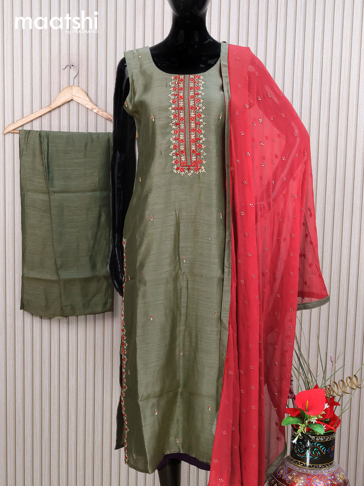 Chanderi readymade salwar suit green shade with embroidery work neck pattern and straight cut pant & sequin work dupatta - sleeves attached