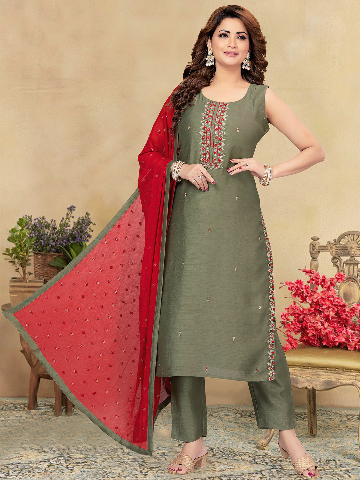 Chanderi readymade salwar suit green shade with embroidery work neck pattern and straight cut pant & sequin work dupatta - sleeves attached