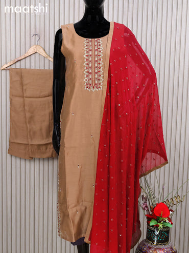 Chanderi readymade salwar suit brown shade with embroidery work neck pattern and straight cut pant & sequin work dupatta - sleeves attached