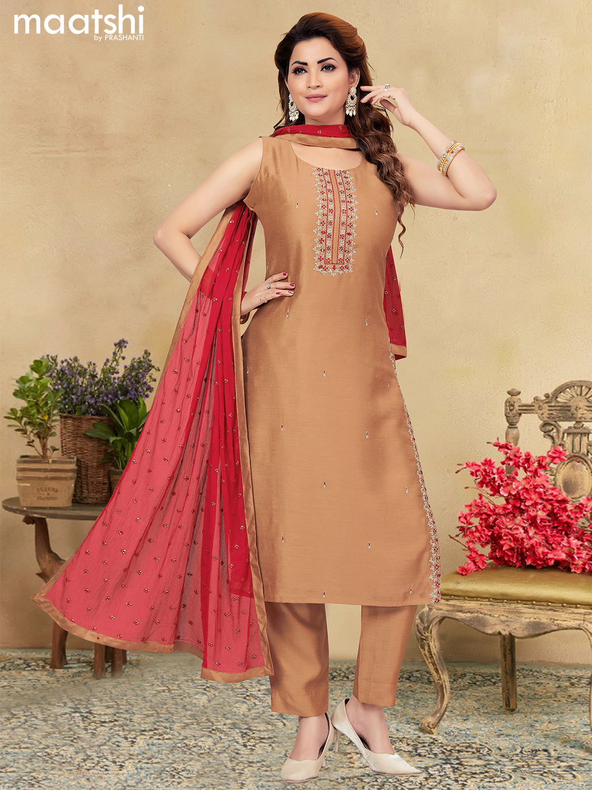 Chanderi readymade salwar suit brown shade with embroidery work neck pattern and straight cut pant & sequin work dupatta - sleeves attached