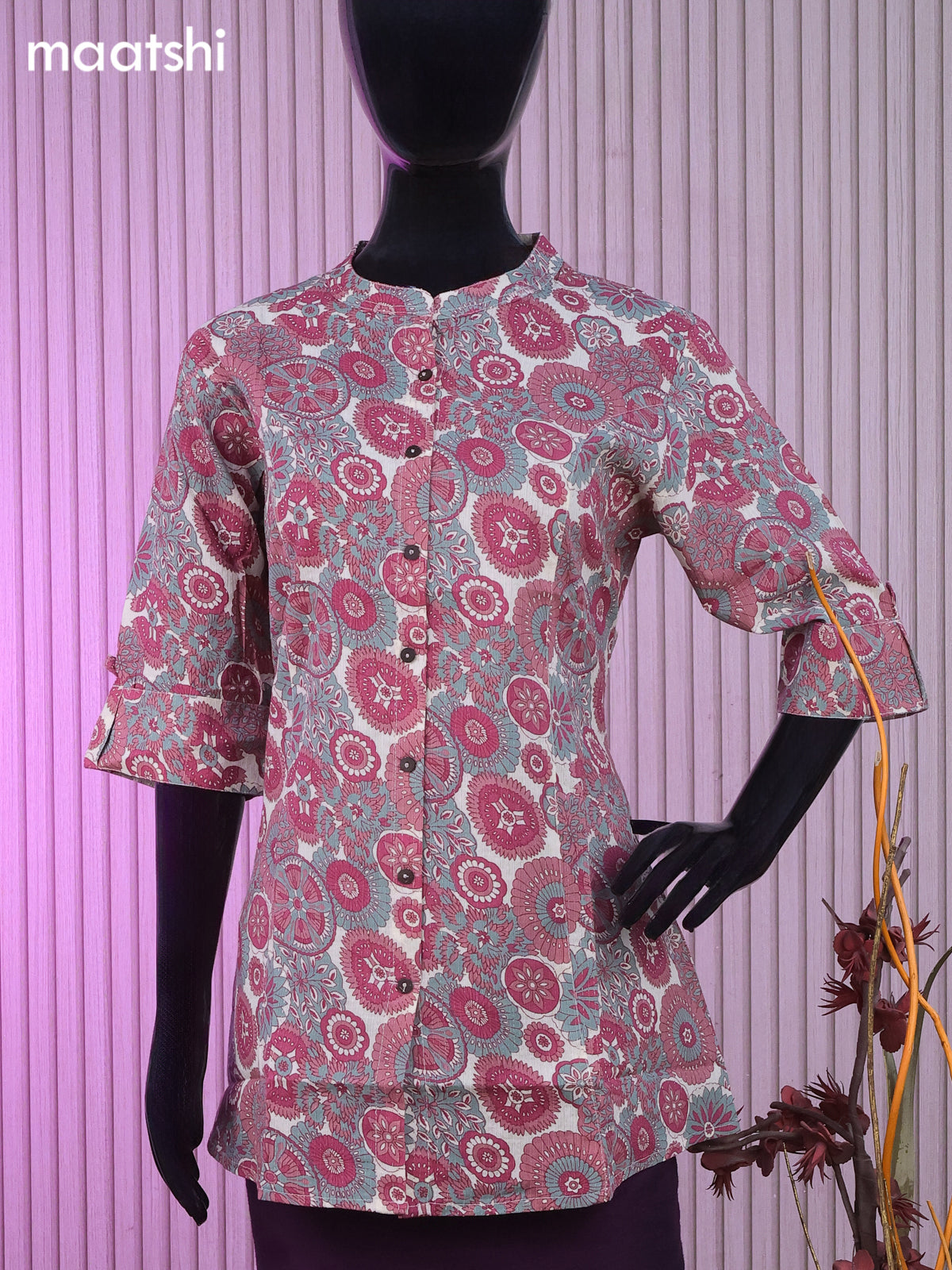 Cotton readymade short kurti cream and maroon with allover prints & collar neck pattern without bottom