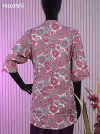 Cotton readymade short kurti cream and maroon with allover prints & collar neck pattern without bottom