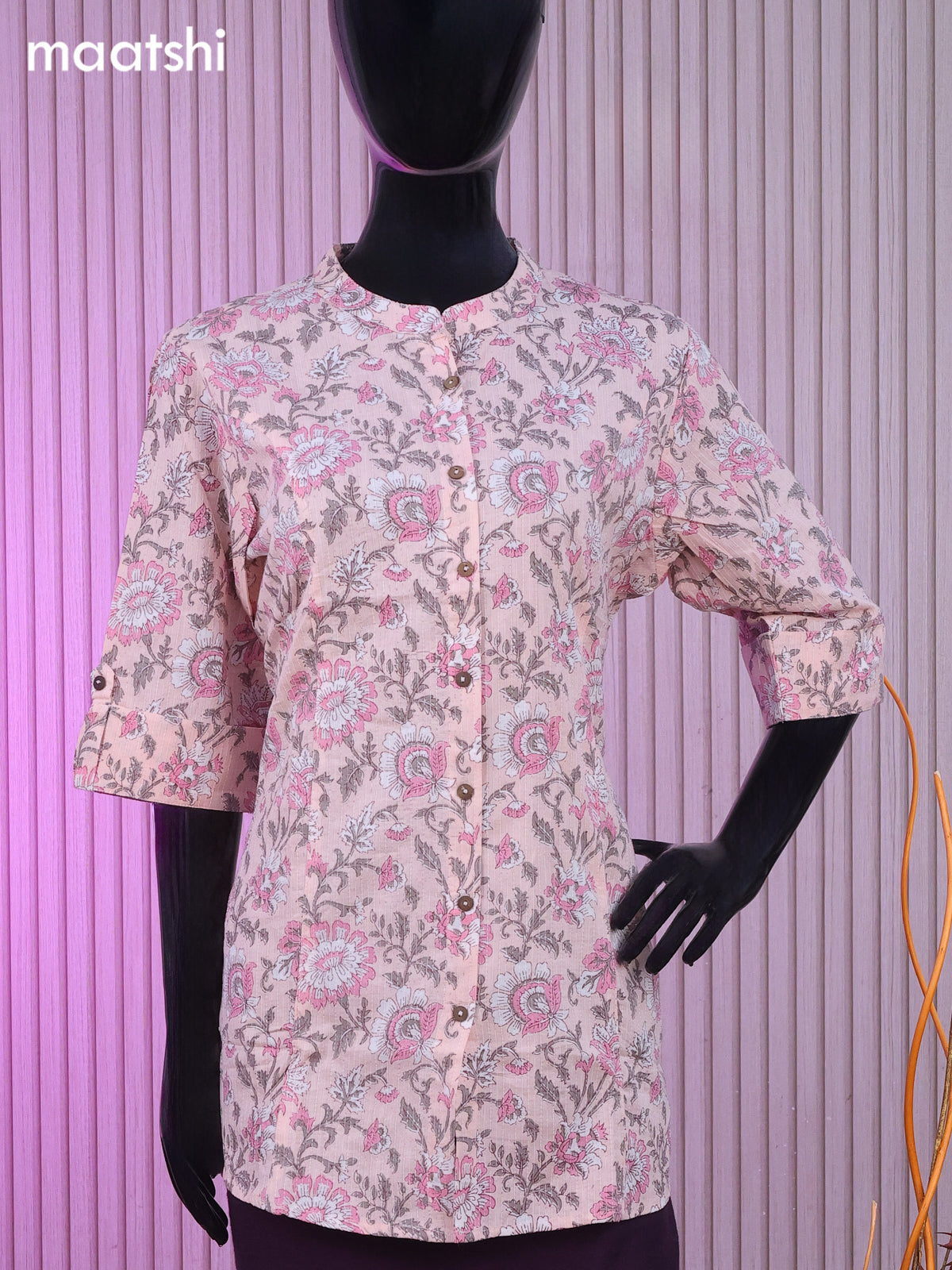 Cotton readymade short kurti baby pink with allover floral prints & thread stripes collar neck pattern without bottom