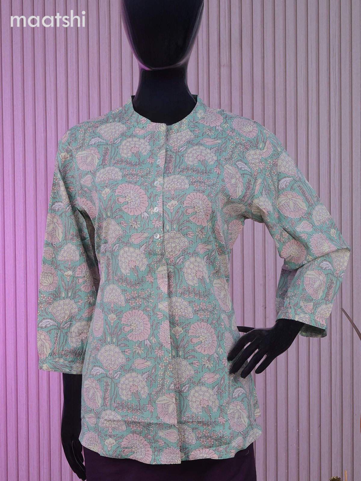 Cotton readymade short kurti pastel green with allover floral prints & thread stripes collar neck pattern without bottom