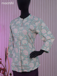 Cotton readymade short kurti pastel green with allover floral prints & thread stripes collar neck pattern without bottom