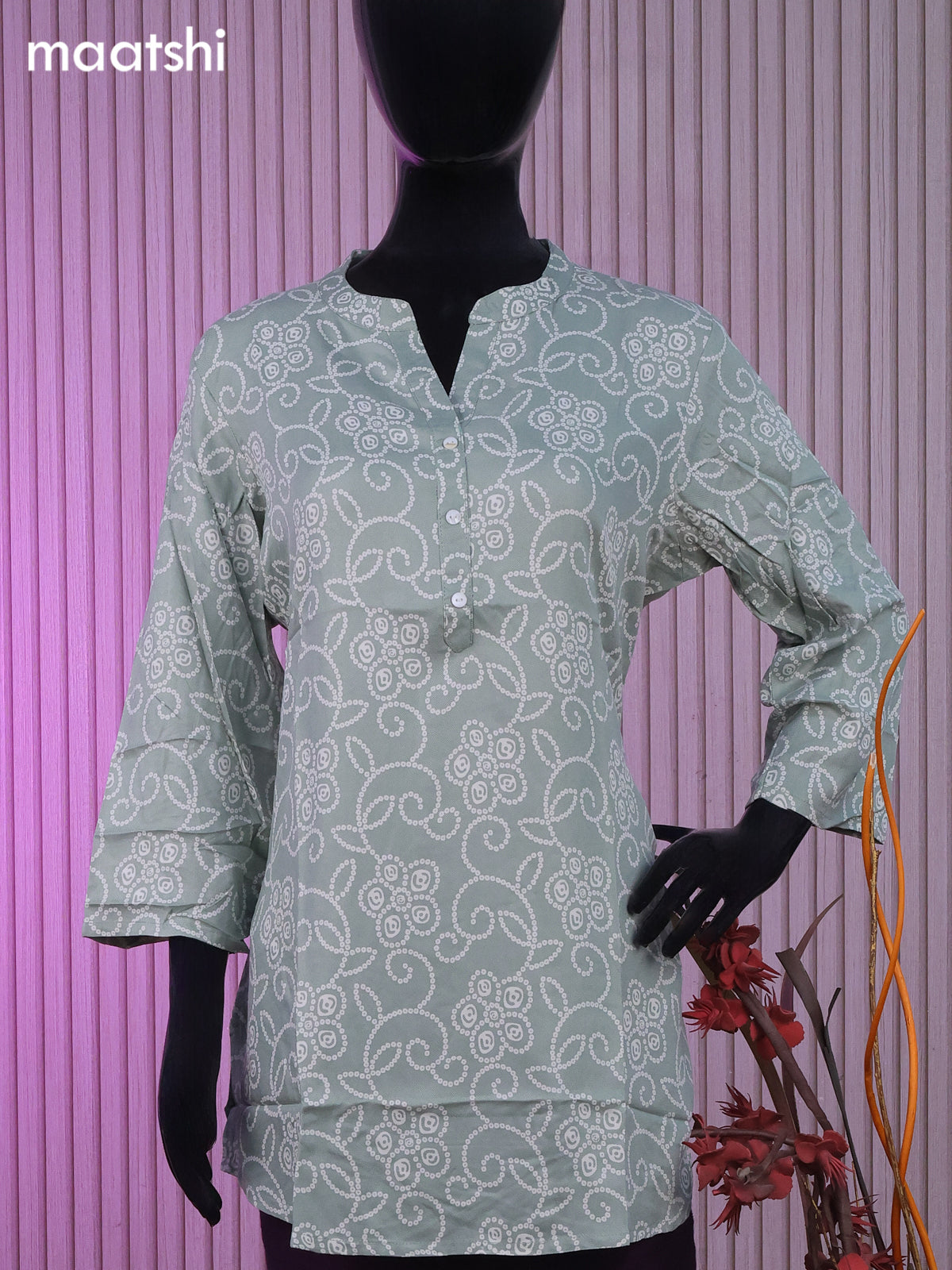 Soft cotton readymade short kurti pastel shade with allover bandhani prints & collar neck pattern without bottom